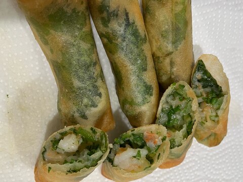 エビ春巻き セロリの葉をたっぷり入れましょう